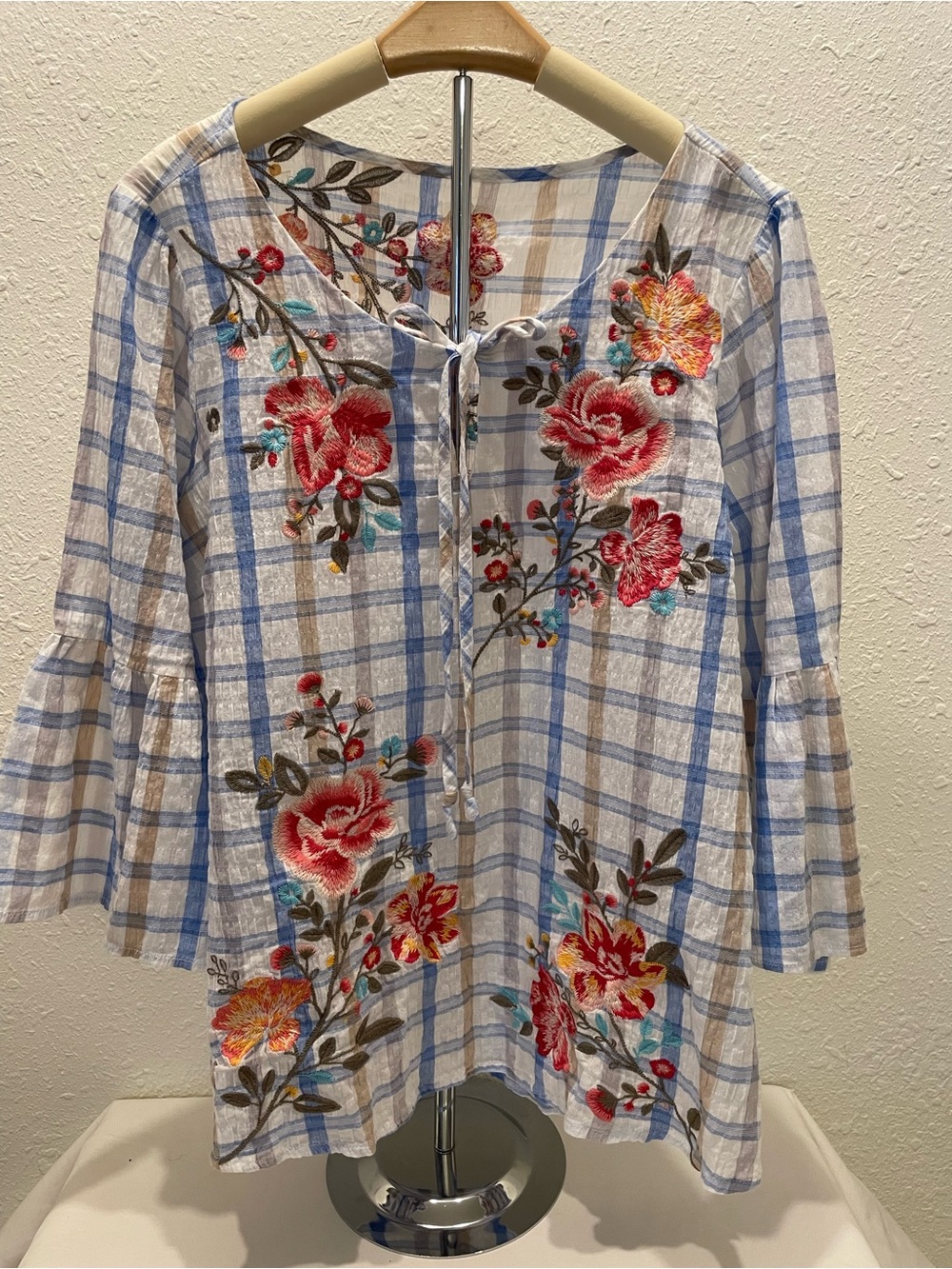 Embroidered Blue Plaid Floral Tie-Neck Women’s Top